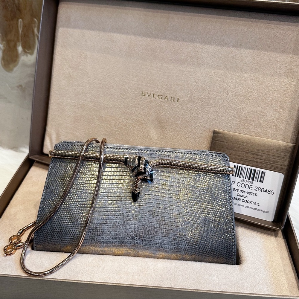 Bvlgari Serpenti "Tubogas" Stingray Lizard Metallic Chain Clutch. NEW WITH BOX - Picture 7 of 15